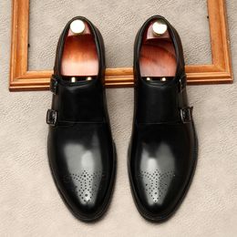 Slip op mannen jurk schoenen monnik riem bedrijf bruiloft schoen lederen ronde hoofd formele schoen zwarte koffie Oxford schoen lofers