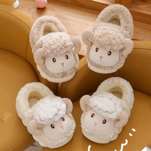 Pantoufles d'hiver en coton pour enfants, chaussures mignonnes de dessin animé, en agneau pelucheux, antidérapantes, pour filles et garçons, 2023