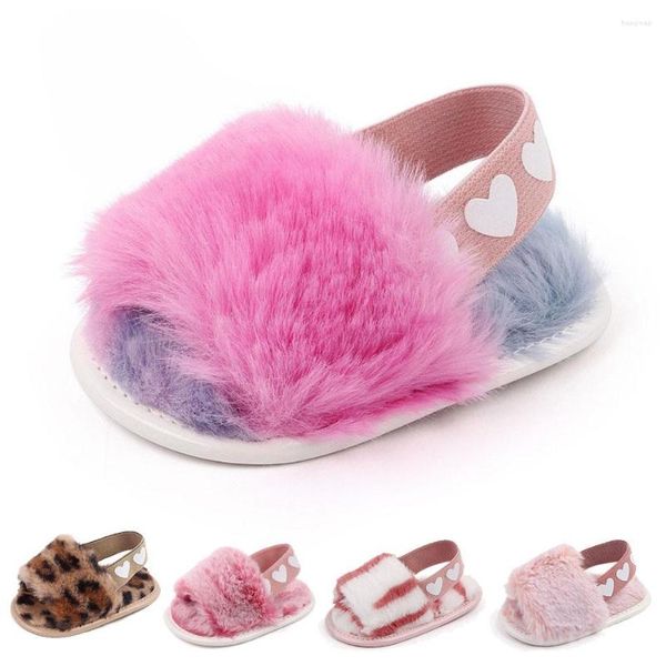 Pantoufles de printemps et d'hiver en fausse fourrure pour filles, chaussures douces à la mode pour nourrissons, bout ouvert, diapositives de maison, sandales pour bébés, accessoires de photographie 0-18M