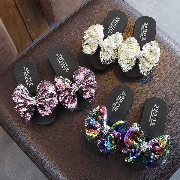 Pantoufle Enfants Pantoufles Mignon Paillettes Bowknot Princesse Chaussures À Bout Ouvert Filles Pantoufles Parents Enfant Chaussures D'été Maman Bébé Plage Chaussures W0217