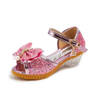 Slipper kinderschoenen 2023 Nieuwe herfst casual glitter bowknot kinderen hoge hiel meisjes schoenen mode prinses dans feest sandalen y240423