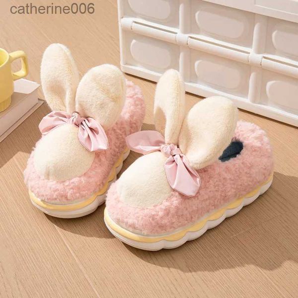 Pantoufle Mignon Lapin Maison Pantoufle pour Femmes Hiver Drôle Longue Oreille En Peluche Maison Coton Chaussures Diapositives Amusant Fourrure Dames Filles Famille PantouflesL231114