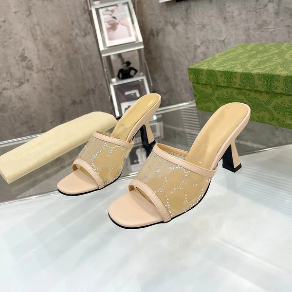 Slipper Designer Women's Sandals Fashion High Heels Le dernier cristal Sparkling Mesh Fashion Fashion Fashion's Party Wedding Wedding Shoes Square Toe