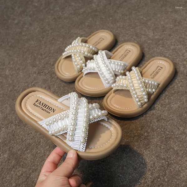 Slipper Girls Summer Slippers Pearls Princess Sweet Kids Slides Chaussures de plage Bohême