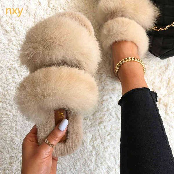 Pantoufle poilue diapositive femmes fausse fourrure de lapin pantoufle moelleux en peluche maison anti-dérapant sandale plate femme maison chaussure 220723