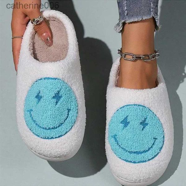 Zapatillas de interior de felpa para parejas, lindos dibujos animados, relámpago, cara sonriente, zapatillas cálidas, sandalias mullidas de invierno L231114