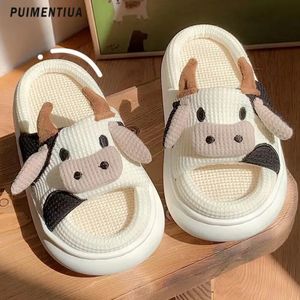 Slipper Kawaii Children's Slippers Cute Cartoon Cow Home For Girls Non Slip Thick Sole Flat Kids Adult Indoor Linen 231027