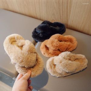 Slipper Kinderen Bont Slides Meisjes Huis Schoenen Mode Cross-gebonden Slippers Voor Bruin Kaki Prinses Winter Thuis F09253