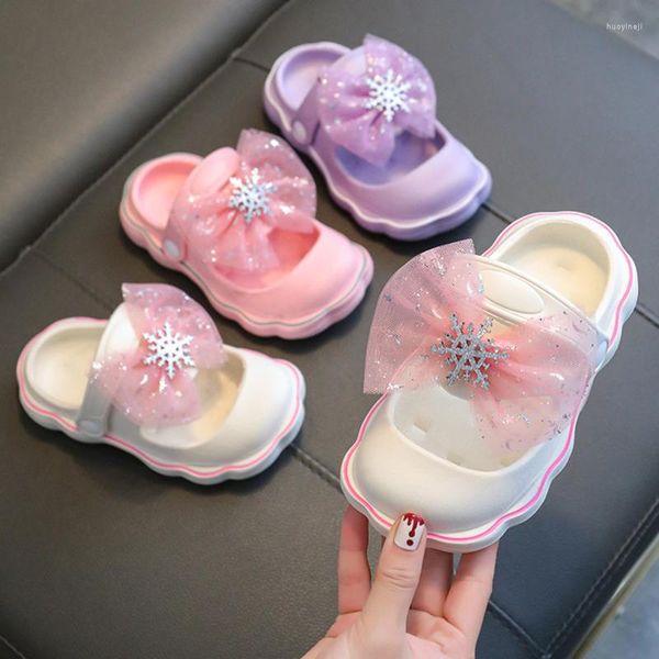 Pantoufles de princesse avec nœud scintillant pour enfants, chaussures d'été EVA, pantoufles d'extérieur pour filles, semelle souple, confortables, plage pour enfants