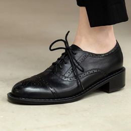 Pantoufles en cuir véritable de style britannique pour femmes, chaussures plates à lacets, oxfords à bout rond, douces et confortables, décontractées, 231006