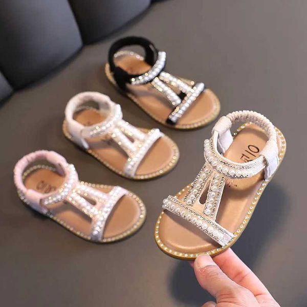 Slipper Sandalias Kid Sandals 2023 Été Nouveau Perle Girl Sandales Open Toe Princesse Shoe Soft Sole Girl Shoe Fashion Beach Shoes Kid Shoe Y240423