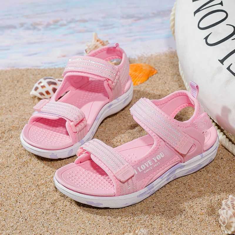 Slipper Sandals Girls Soft Soles Casual Shoe Fashionable Princess Shoes New Flowers Pink Flat Shoes Brand Non-slip Beach Shoes Children Y240423