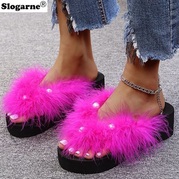 Slipper Sexy Fur Flip Flops Girl Outdoor Faux Cox Collins Sandales Furry Platforms Chaussures coréen Summer Sole 230816