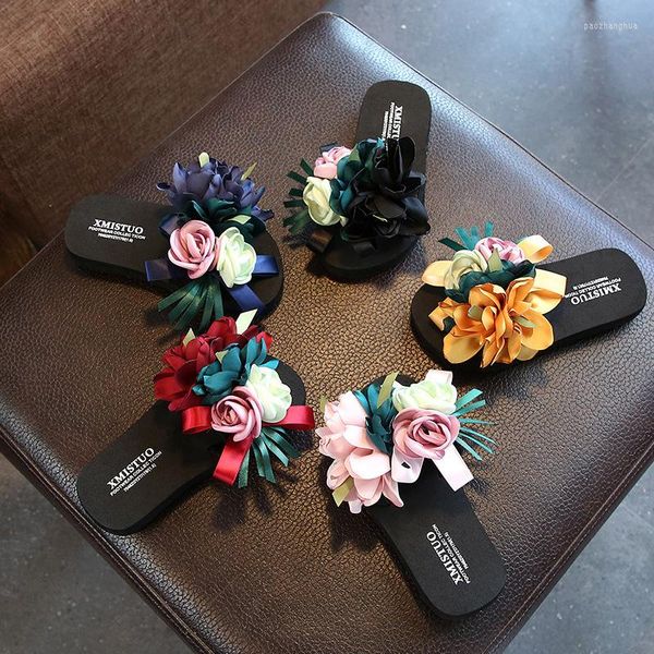 Chanclas antideslizantes de verano para niños, zapatos de playa a la moda para niñas, sandalias con pinzas, zapatillas de flores para mujer, ropa para mujer