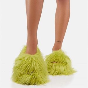 Pantoufle d'hiver en peluche à bout ouvert et plat, tongs mongoles en fausse fourrure Y2K, chaussures chaudes et antidérapantes pour dames, 231123