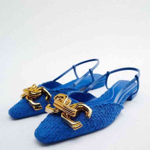 Pantoufle femmes marque plate talon bas sandale bleu marine pompe dame poinçon chaussure à lacets bouche peu profonde romain cristal Mule 220622