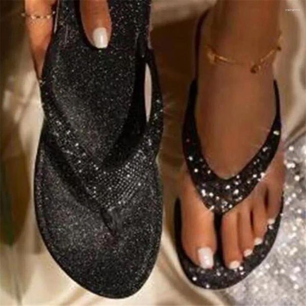 Zapatillas 1 par de diamantes de imitación tacón plano punta abierta antideslizante diseño de tanga verano mujeres bling playa suministros