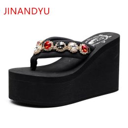 Slippers 11/8/6 / 3cm High Heels Summer 2022 Platage Slippers Fip Flip Sandals Sandals Righestone Slippers Black Sandales Femmes