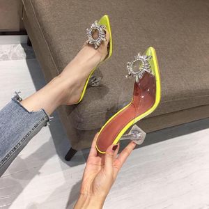 Slippers 2021 Zomer Luxe Vrouwen Crystal Neon Muilezels Dame Lime Groene White Clear High Heels Mujer Outdoor Party Shoes