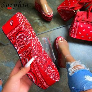 Slippers 2021 Zomer Platform Bandana Print Hoge hakken Sandaal voor wiggen Dikke Bottom Clear Pink Red Women's Fashion