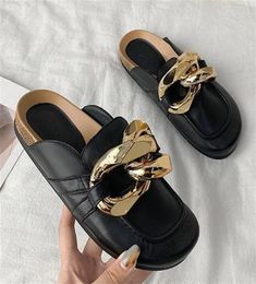 Slippers 2021 Zomer Women Cork Dames039S Big Gold Chain Platform Mules Sandalen en hele platte flip flops3833702