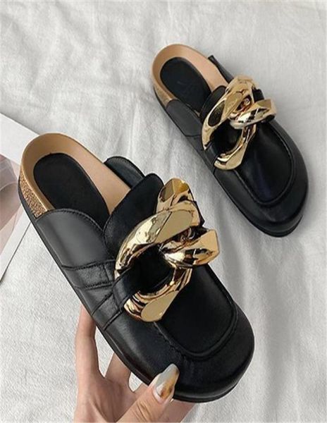 Slippers 2021 Summer Women Women Women039s Big Gold Chain Plateforme Mules Sandales et tongs plats entiers5502021