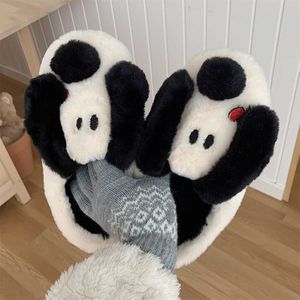 Pantoufles 2022 Nouveau Mignon Animal Pantoufle Pour Femmes Filles Mode Kawaii Fluffy Hiver Chaud Pantoufles Femme Dessin Animé Noir Chien Maison Pantoufles G221110