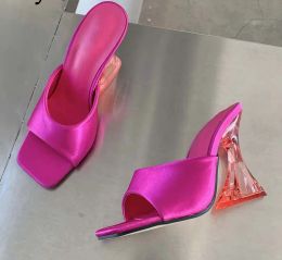 Slippers 2022 New Silk Green Women's Strange Style Transparent High Heels Slippers Toe Toe Female Sandalias de Mujer