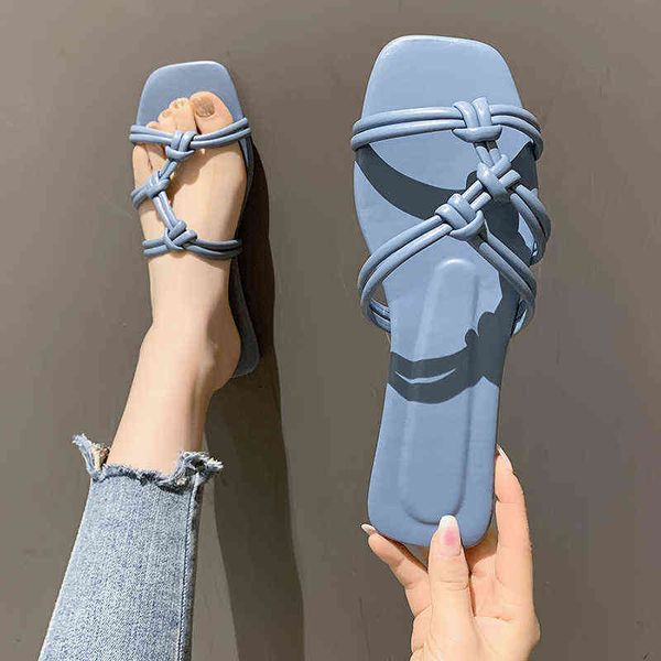 Pantoufles 2022 été nouveau plat pour femmes Pure main tressé corde bleu clair grande taille sandales 220516
