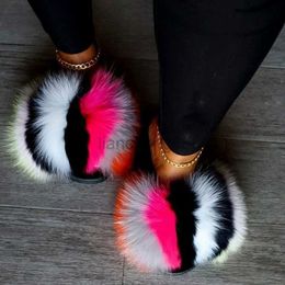 Slippels 2022 Zomer Echte Fox Fur Slippers Pluche pluizige sandalen vrouwen platglijbanen Natuurlijk bont huis slippers vrouwelijk groot formaat slipper x230519