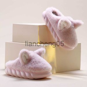 Slippers 2022 Winter Vrouwen Slippers Mooie Kat Oor Dikke Bodem Warme Slaapkamer Pluche Bont Effen Slides Flats Kaii Comfy zachte Katoenen Schoenen X0905