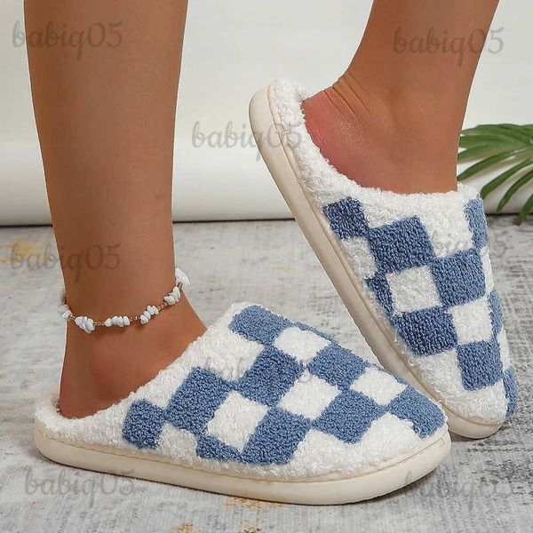 Pantoufles 2023 mignon vert bleu à carreaux Fulffy fourrure pantoufles femmes chaud fermé orteil Plus hiver maison pantoufles maison diapositives chaussures T231024