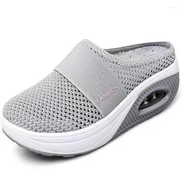 Pantoufles 2023 Mode Femmes Paresseux Semelle Épaisse Coussin D'air Évider Maille Respirant Baotou Demi Glisser Chaussures Confortables