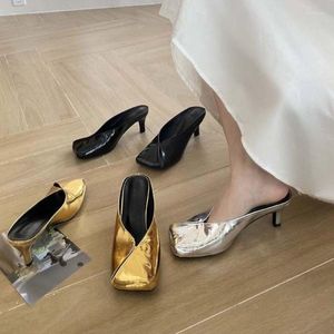 Slippers 2023 Gold Brand Women Slip-on High Heel Square Toe sexy pumps retro jurk sandals schoenen Zapatos de mujer