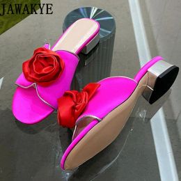 Zapatillas 2023 jawakye mujeres zapatillas zapatillas cuadradas tacón de vestido rosa rosado zapatillas damas formales zapatos de satén sandalias de flores