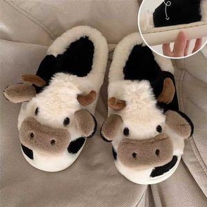 Slippers 2023 Melk koe bont winter warme pluche pluche huis konijn hond kawaii plat bodem schattig dier indoor y2302