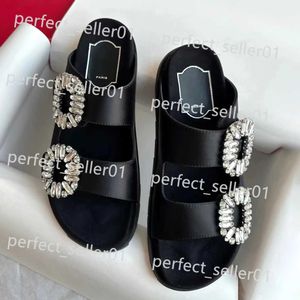 Pantoufles 2023 Nouveau Slidy Viv Flash Diamond Pantoufles Sandale Luxe Designer Boucle Femme Summer Beach Casual Slide Plate-forme Chaussure Noir Blanc Talon plat Caoutchouc