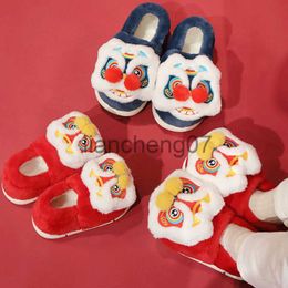 Slippers 2023 Nieuwe Trend Chinese Stijl Leeuw Katoen Slippers Pluche Paar Slippers Antislip Ouder Kind Thermische Indoor Slippers x0916