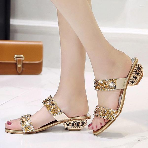 Pantoufles à paillettes brillantes pour femmes, chaussures d'été de luxe à talon carré doré, diapositives de fête, bout ouvert, talons moyens, plage, 2023