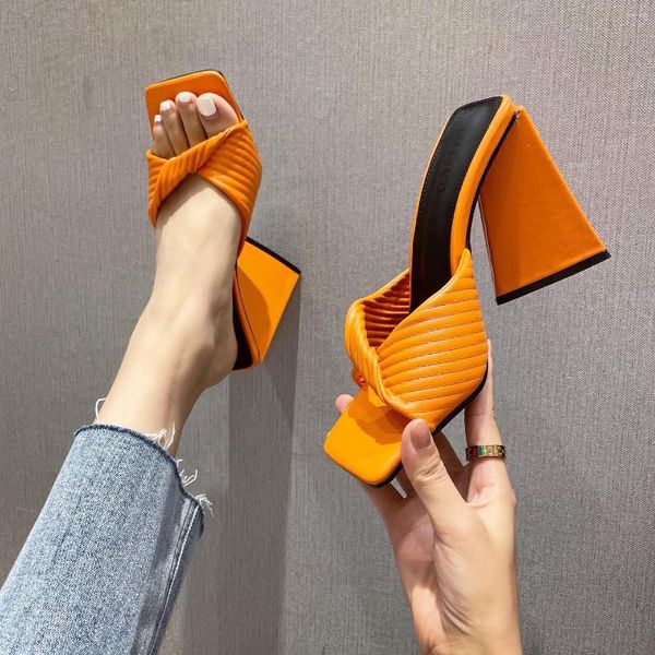 Pantoufles 2023 été plissé Orange femmes pantoufle mode diapositives dames élégant mince talon haut en plein air sandales chaussures