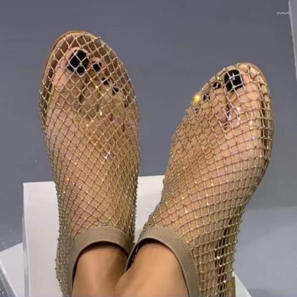 Zapatillas 2023 verano mujer punta redonda sandalias planas sandalias huecas botas cortas agua diamante sexy banquete de moda