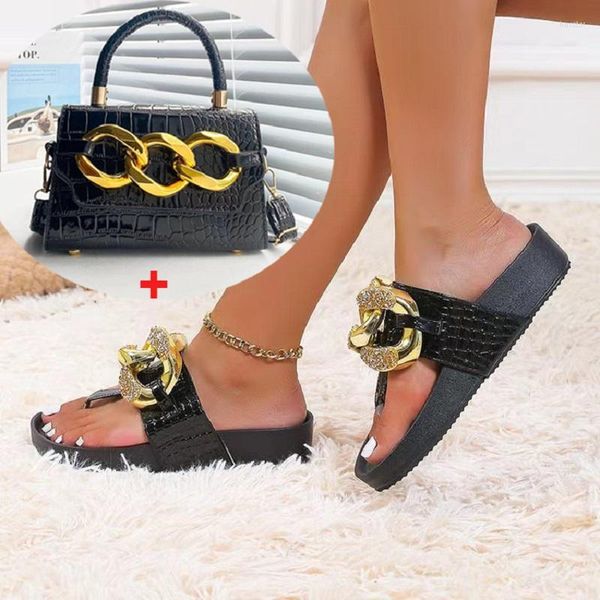 Zapatillas 2023, sandalias de cadena para mujer y patrón de cocodrilo Retro, conjunto de bolso grande, bolsos con hebilla, plataforma a juego para el hombro