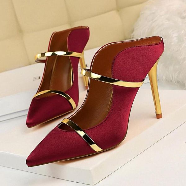 Pantoufles 2023 femmes fétiche 10 cm talons hauts diapositives femme Sexy été Satin Mules dame sans lacet jaune sandales soie bordeaux chaussures