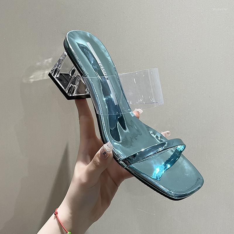 Terlik 2023 Kadın Seksi PVC Yüksek Topuklu Açık Ayak Parmağı Yaz Fad Tıknaz Şeffaf Sandalet Pompalar Flip Flops Ayakkabı