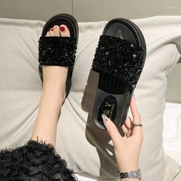 Pantoufles 2024 mode noir argenté bleu femmes plate-forme épaisse intérieur paillettes pantoufle diapositives souples dames chaussures d'été