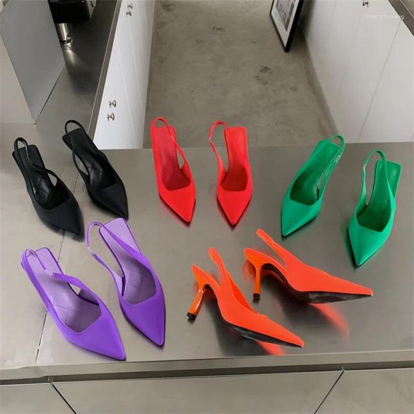 Zapatillas 2024 Fashion Mujeres elegantes de 9 cm Tacos de altura Lady Slingback Mulas Púrpura Naranja naranja Tobogán de boda Zapatos de boda