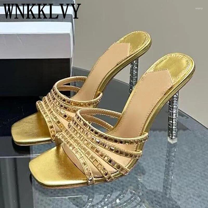 Slippers 2024 Open Toe Super High Heels Women Fine Ribbon Crystal Transparent Sandals Summer Sexy Party Dress Shoes