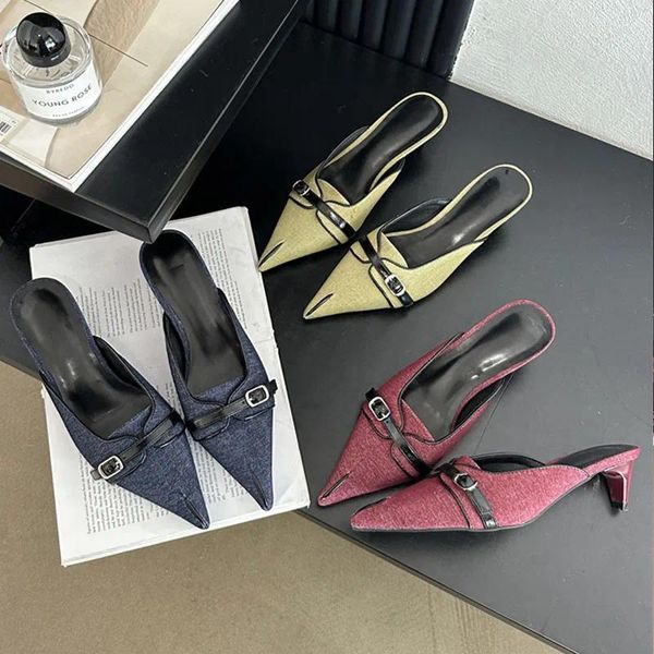 Zapatillas 2024 primavera mula zapatilla zapatos de mujer marca diapositivas sandalia femenina moda punta puntiaguda tacones medios para damas bombas