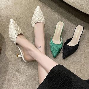 Slippers 2024 Zomer Hoge Hakken Half Zak Frans Geweven Satijn Puntige Vrouwen Bovenkleding Muller Schoenen High-end Baotou