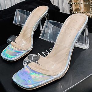Slippers 2024 Summer Women Fashion 8cm Clear High Heels Pumps Square Toe Luxury Bling Jelly Nightclub Party Holographic Shoes